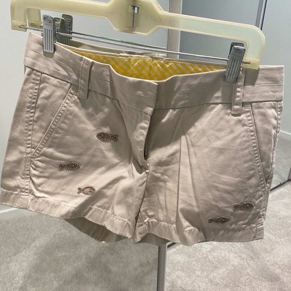 J Crew chino shorts with fish embellishment